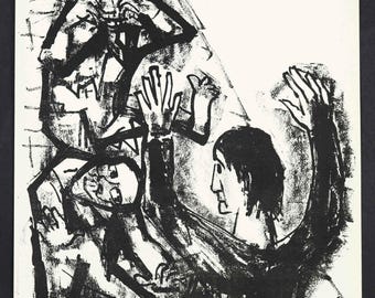 May include: A black and white abstract expressionist print depicting multiple figures in a dynamic composition. The artwork features bold brushstrokes and a sense of movement, with figures interacting in a dramatic scene.