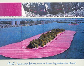 Könnte beinhalten: Eine rosa und blaue Zeichnung einer Insel mit einem Gitternetz darüber. Die Insel ist von Wasser umgeben und hat im Zentrum einen kleinen Baumhain. Der Text "Anisto: Surrounded Islands (project for Biscayne Bay, Greater Miami, Florida)" steht am unteren Rand der Zeichnung.