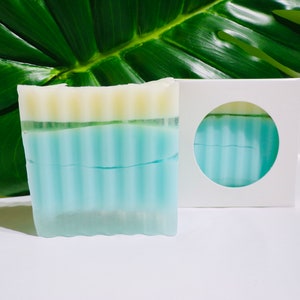 May include: A blue and white layered soap bar with a white border. The soap is displayed on a white surface with a green leaf in the background.