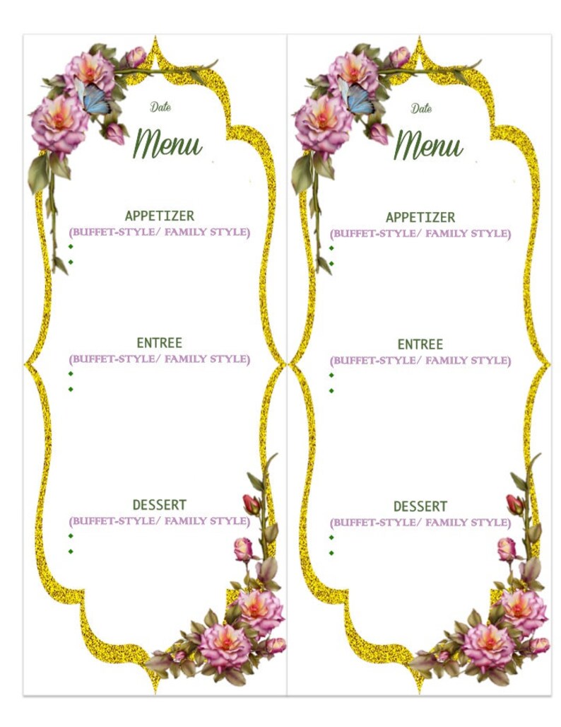 EDITABLE Floral Butterfly Menu 4x9 Template Etsy