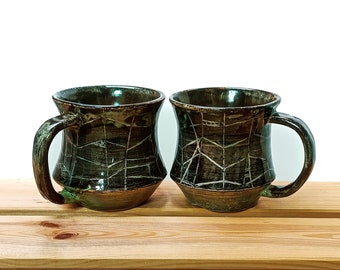 Handmade Ceramic Carved Spiderweb Mug | Green Bronze | Coffee Tea Chocolate | Wheelthrown Stoneware | Sgraffito