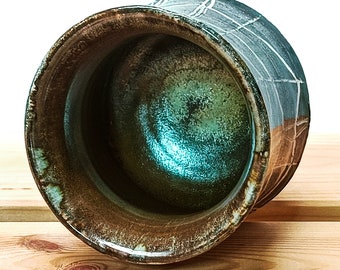 Handmade Ceramic Carved Spiderweb Cup | Bronze & Green | Coffee Tea Chocolate | Wheelthrown Stoneware | Sgraffito