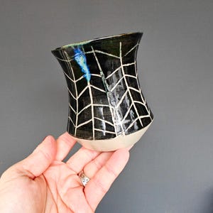 Handmade Ceramic Carved Spiderweb Cup | Black & White | Coffee Tea Chocolate | Wheelthrown Stoneware | Sgraffito
