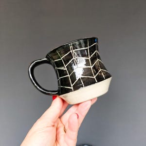 Handmade Ceramic Carved Spiderweb Mug | Black & White | Coffee Tea Chocolate | Wheelthrown Stoneware | Sgraffito