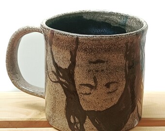Handmade Ceramic Floating Face Mug | Coffee Tea Chocolate | Wheelthrown Stoneware | Screenprint Transfer
