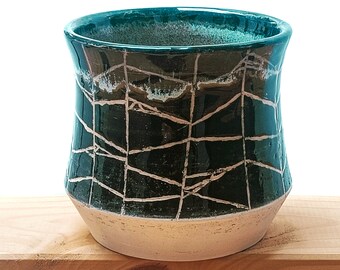 Handmade Ceramic Carved Spiderweb Cup | Black & White | Coffee Tea Chocolate | Wheelthrown Stoneware | Sgraffito