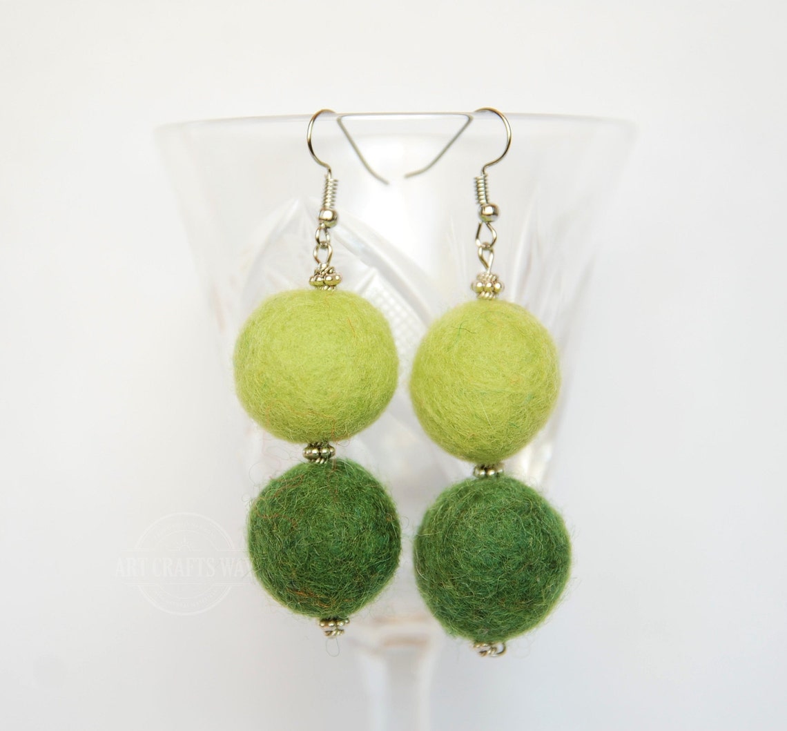 Felted Balls Earringsfelt Green Balls Earringshandmade Etsy