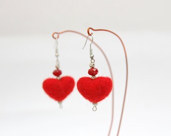 Felted Earrings- Needle Heart Earrings- Mother's Day Gift- Handmade jewelry -Needle Felted Hearts -Birthday gift- Anniversary Gift- Gift box