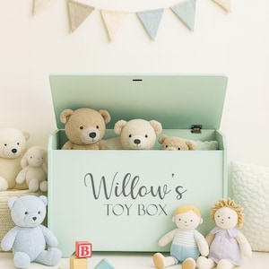 May include: A mint green toy box with the words "Willow's TOY BOX" in script. The box is open, revealing several teddy bears. Other toys include a blue teddy bear, two dolls, and wooden blocks. A banner of triangles hangs above.