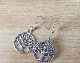 Yggdrasil Tree of Life Earrings in Silver. Wicca Cross Quarter