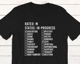 Custom Fanfiction Genre List and Rating T-Shirt for Fangirls, Writers, and other Geeks