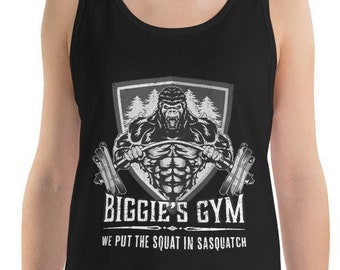 Bigfoot Shirt Biggie's Gym We Put The Squat in Sasquatch Workout Tank Top for Weight Lifting