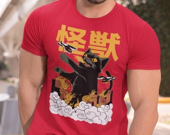 Catzilla T-Shirt - Black Cat Attacking Tokyo - Japanese Comic Book Manga Anime