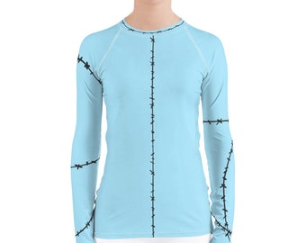 Sally Long Sleeve Stitch Shirt - Running Costume Base Layer (Rash Guard) Light Blue with Black Stitching Pattern