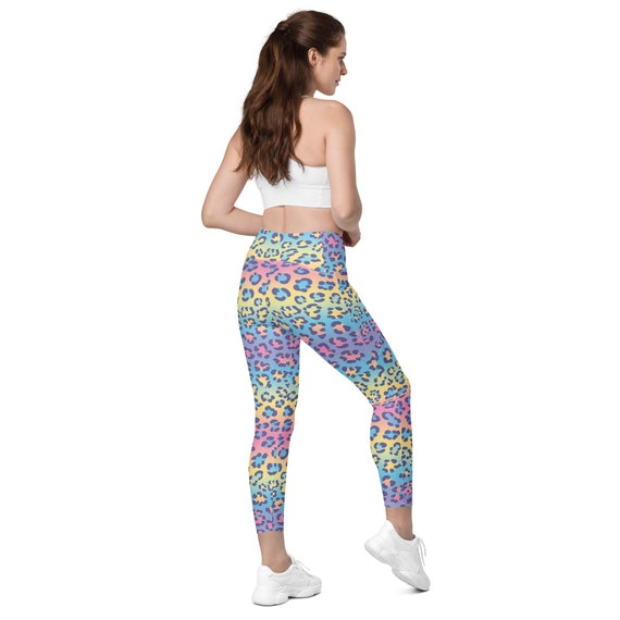 Pastel Rainbow Leopard Print Yoga Leggings Crossover Waist Large