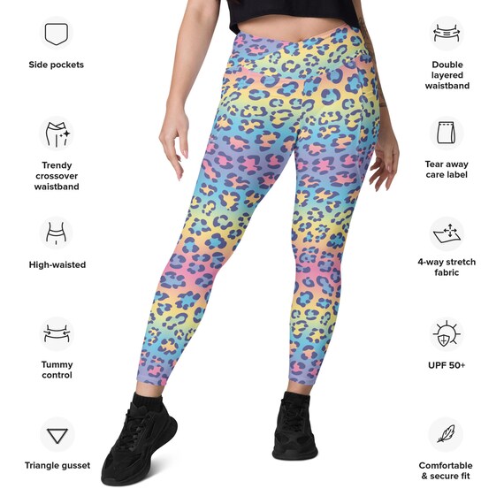 Pastel Rainbow Leopard Print Yoga Leggings Crossover Waist Large Pockets  Workout Gear 