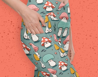Kawaii Mushroom Leggings with Phone Pockets and Crossover High Waist - Boho Pastels