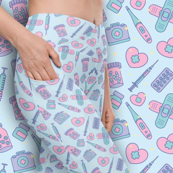 Pastel Nurse Leggings with Pockets - Doctor Medical Theme Pattern - Menhera Yami Yume Kawaii