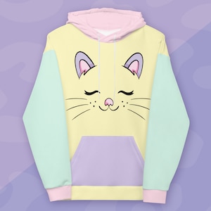 Kawaii Cat Face Hoodie Sweatshirt - Pastel Color Block - 90s Kid Windbreaker - Cute Kidcore - Harajuku Outfit