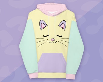 Kawaii Cat Face Hoodie Sweatshirt - Pastel Color Block - 90s Kid Windbreaker - Cute Kidcore - Harajuku Outfit
