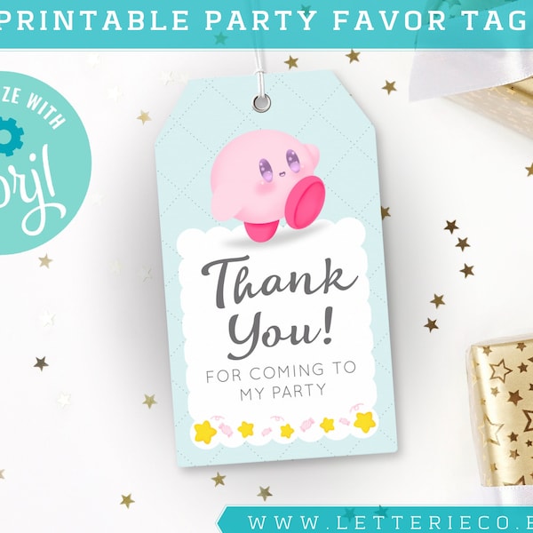 Editable Kirby Party Favor Tags BLUE: Customizable and Adorable Touch for Your Celebration! Digital Patry Supplies