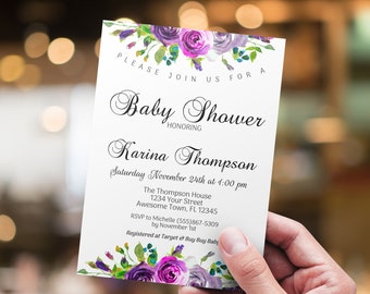 Purple Peonies Baby Shower Invitation / Instant Download / Printable Invitation