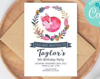 Editable FOX Party Invitation / Printable Woodland Birthday Invitation / Instant Download