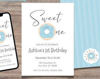 Donut Geburtstagseinladung - EDITIERBARE CANVA INVITATION / Sweet One First Birthday Einladung / Instant Download