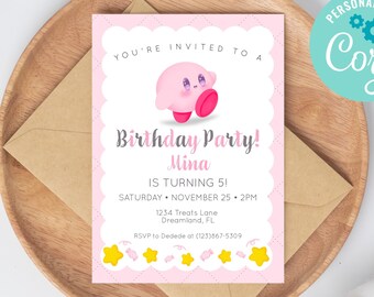 Editable Kirby Birthday Invitation PINK: Customizable Fun for All Ages! Instant downloadable digital invitation