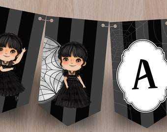 WEDNESDAY ADDAMS Inspired Birthday Banner / Addams Family Birthday Party / Printable Alphabet / Printable Party / Digital PDF