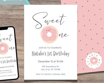 EDITABLE Donut Sweet One First Birthday Invitation / Printable Instant Download