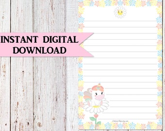 INSTANT DOWNLOAD / Letter Writing Paper / Springtime Unicorn on Daisy / Stationery / Snail mail / Pen-pal / Digital Paper / Pdf / Printable