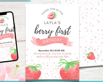 EDITABLE Strawberry First Birthday Invitation -Printable Berry Birthday Invitation / Instant Download