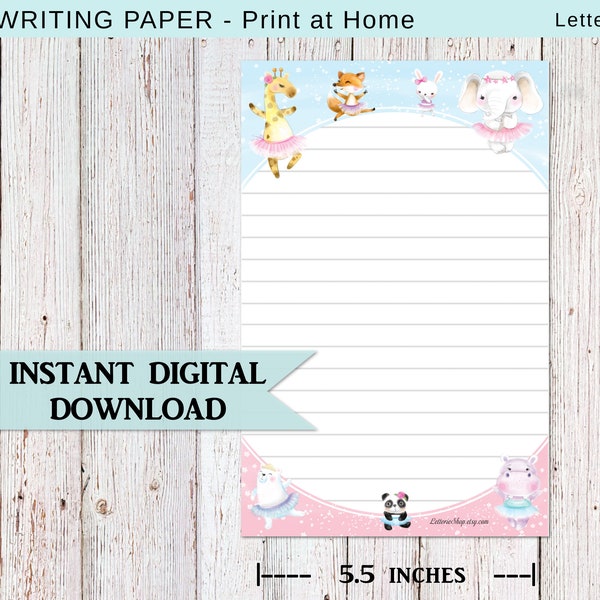 INSTANT DOWNLOAD / Ballerina Animals / Letter Writing Paper / Stationery / Snail mail / Pen-pal / Digital Paper Pdf Printable / Fox Elephant