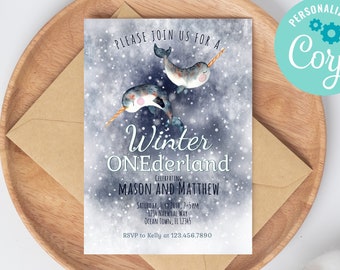 NARWHAL Birthday Party Invitation - INSTANT DOWNLOAD / Editable Invitation / Winter Onederland / Custom Printable Invites /Digital