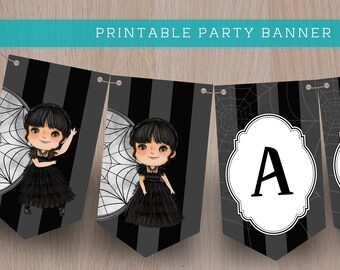 WEDNESDAY ADDAMS Inspired Birthday Banner / Addams Family Birthday Party / Printable Alphabet / Printable Party / Digital PDF