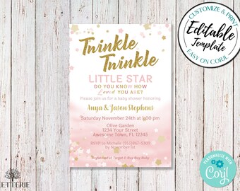 INVITATION MODIFIABLE - Twinkle Twinkle Little Star Baby Shower Invitation, Téléchargement instantané, Modèle modifiable, Rose, Or