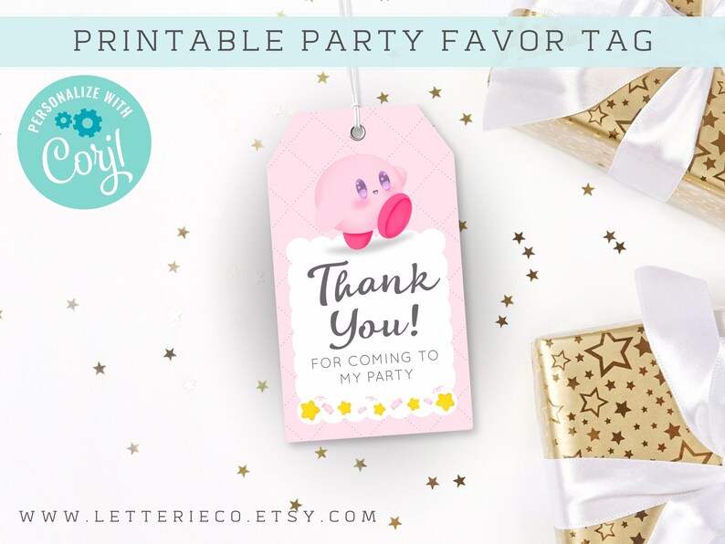 Editable Kirby Party Favor Tags PINK: Customizable and Adorable image 1