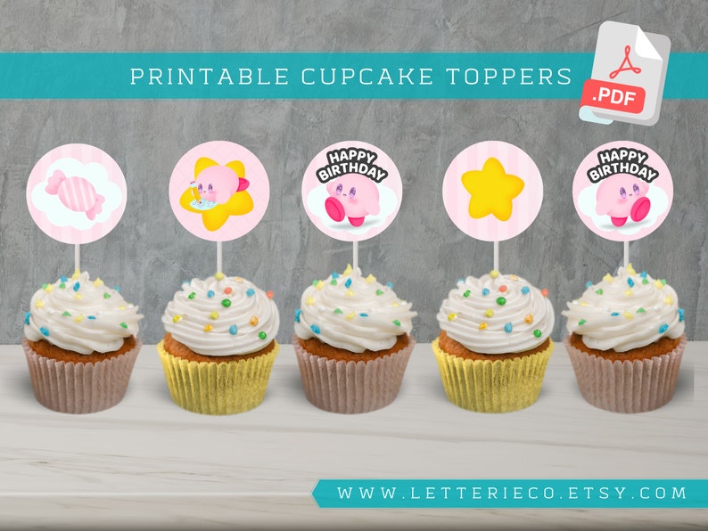 Kirby geïnspireerd cupcake toppers ROZE / Video Game verjaardagsfeestje / taart topper / afdrukbare partij / digitale Patry Supplies afbeelding 1