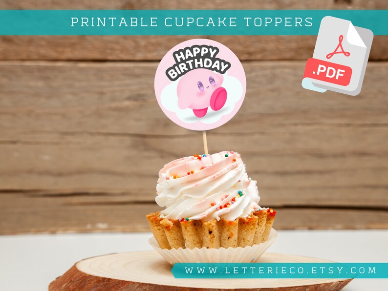 Toppers de cupcakes inspirados en Kirby PINK / Fiesta de cumpleaños de videojuegos / topper de pastel / Fiesta imprimible / Suministros de patry digital imagen 2