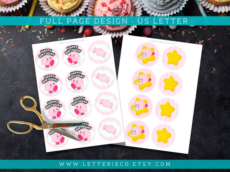 Toppers de cupcakes inspirados en Kirby PINK / Fiesta de cumpleaños de videojuegos / topper de pastel / Fiesta imprimible / Suministros de patry digital imagen 3