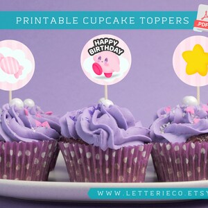 Toppers de cupcakes inspirados en Kirby PINK / Fiesta de cumpleaños de videojuegos / topper de pastel / Fiesta imprimible / Suministros de patry digital imagen 4