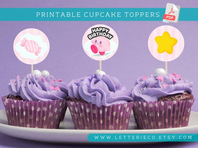 Toppers de cupcakes inspirados en Kirby PINK / Fiesta de cumpleaños de videojuegos / topper de pastel / Fiesta imprimible / Suministros de patry digital imagen 4