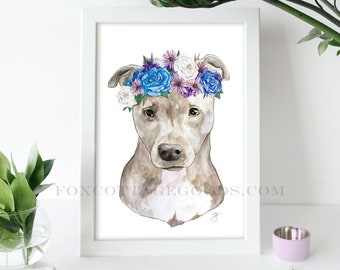 Watercolor Pitbull Print, Printable gray flower crown dog, nursery animal painting, Downloadable wall art, home decor, cute animal print