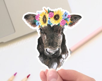 Watercolor Cow with flower crown vinyl STICKER, cute laptop sticker, decals, bumper sticker, Cute animal sticker, Easter gift, farm animals