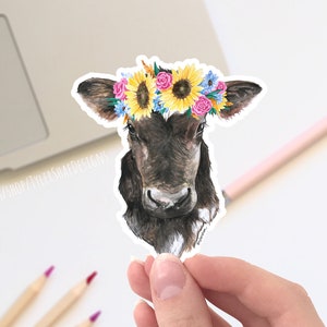 Watercolor Cow with flower crown vinyl STICKER, cute laptop sticker, decals, bumper sticker, Cute animal sticker, Easter gift, farm animals