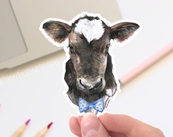 Watercolor Cow with bow tie vinyl STICKER, cute laptop sticker, decals, bumper sticker, Cute animal sticker, Easter gift, farm animals