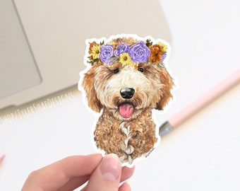 Golden Doodle with flower crown vinyl sticker, goldendoodle stickers, laptop stickers, decals, dog bumper sticker, cute floral sticker