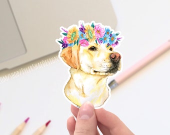 Yellow lab with flower crown vinyl sticker, Labrador stickers, laptop stickers, decals, dog bumper sticker, cute floral sticker, dog gift