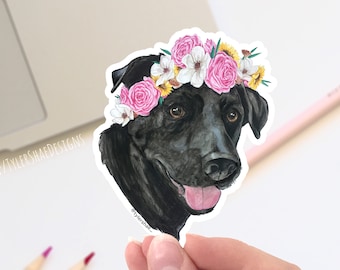 Black Lab sticker, Labrador dog with a flower crown Vinyl sticker, cute stickers, laptop stickers, decals, bumper sticker. dog stickers